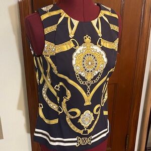 J. McLaughlin Navy and Gold Chain Print Blouse